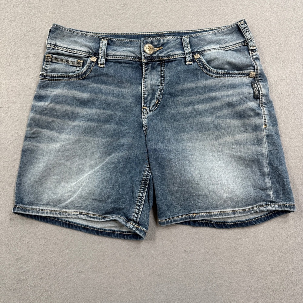 Silver Jeans Shorts Women's 29 Blue Denim Suki Mid Length Medium Wash Whiskered